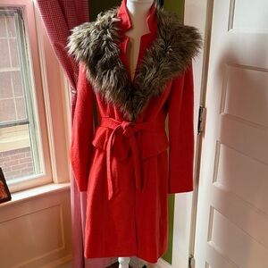 Plenty by Tracy Reese for Anthropologie Orange Wool Coat with Faux Fur Collar